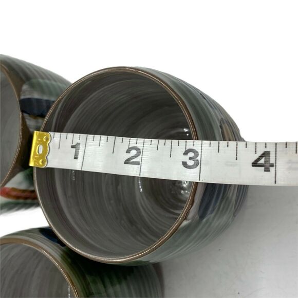 Asian Tea Cups Set Of Three Vintage Gray Green Blue Ceramic Round Sticker Marked - Picture 11 of 16